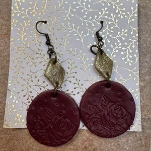 NEW! Handmade Artisan Clay Burgundy and Gold Embossed Dangle Earrings Pierced